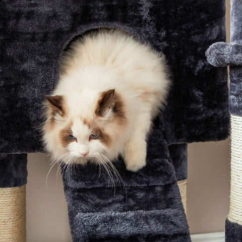 Rootz Scratching Post - Cat Tree - Hammock - Cave - Plush - Sisal - 6 Levels - Smoke Gray - 50 x 45 x 142 cm