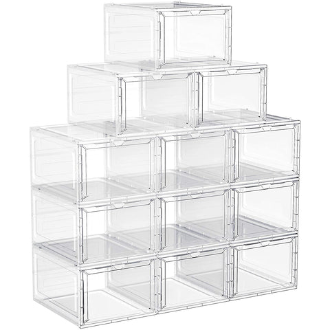 Rootz Set Of 12 Shoe Boxes - Shoe Storage - Shoes Organizer - Plastic - Transparent - Stackable - 27 x 34.5 x 19 cm - Shoes Up To Size 45