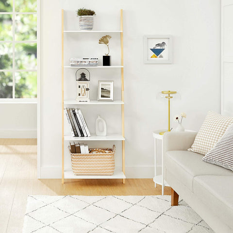Rootz Ladder Cabinet - Bookcase - Ladder Shelf - 5 Levels - 60 x 35 x 171 cm - Solid Wood Frame - Matt White - Natural