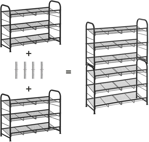 Rootz Shoe Rack - Shoes Organizer - 3 Levels - Max 12 Pairs of Shoes - Steel - Black - 68.5 x 27.5 x 49.5 cm