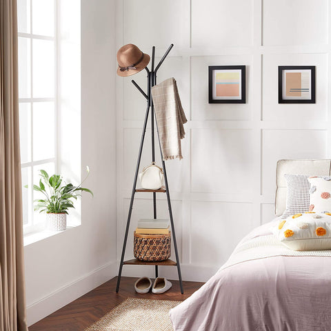 Rootz Coat Rack - Tree Shape - Industrial - 2 Shelves - 5 Hooks - Standing Coat Rack - Brown - Black