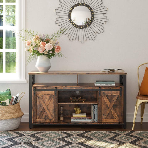 Rootz TV Furniture - TV Cabinet - 2 Sliding Doors - Up to 60 Inch - 135 x 40 x 76 cm - Adjustable Shelves - Industrial - Brown - Black