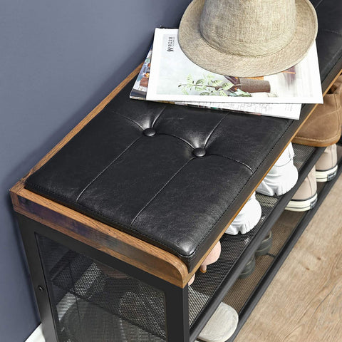 Rootz Shoe Rack - Padded Bench with Grid Shelf - Metal Construction