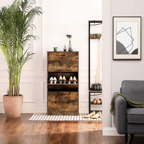 Rootz Shoe Cabinet - Organizer - 3 Hinged Doors - Brown - Processed Wood - 60 x 24 x 120 cm