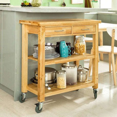 Rootz Rubber Wood Kitchen - Storage Trolley Cart with Two Drawers & Shelves
