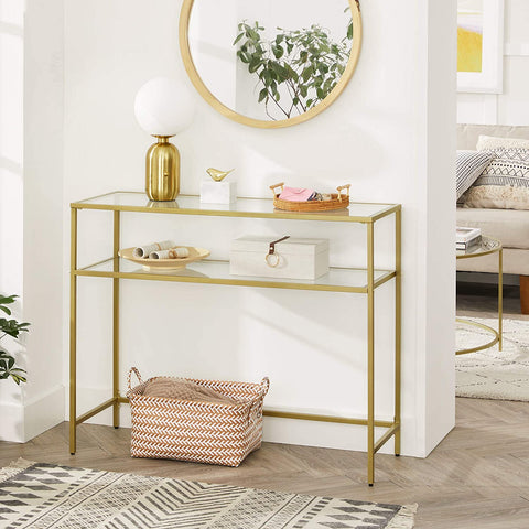 Rootz Console Table - Side Table - 2 Levels - Tempered Glass - Metal Frame - Adjustable Legs - Gold - 100 x 35 x 80 cm