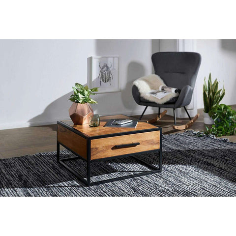 Rootz Industrial Coffee Table - Side Table - Solid Wood - Brown - Luxury Retro Vintage Glass Coffee Table With Storage Space - 65 x 38 x 65 cm
