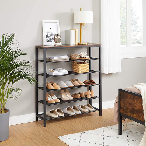 Rootz Shoe Rack - Shoe Cabinet - 5 Levels - Side Cabinet - 20 Pairs of Shoes - Metal Frame - Hallway Cabinet - 100 x 30 x 100 cm - Industrial - Brown - Black