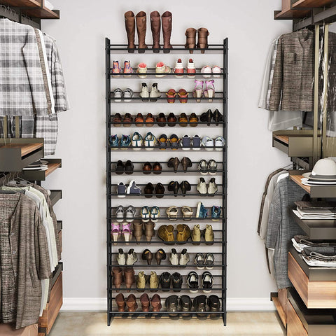 Rootz Shoe Rack - 12 Levels - 48-60 Pairs of Shoes - Metal - Adjustable Shelves - Black - 92.5 x 30.7 x 223 cm