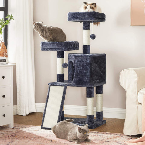 Rootz Scratching Post - Cat Tree - Cat Cave - 4 Levels - Smoke Gray - Beige - Plush - Sisal - 50 x 35 x 115 cm