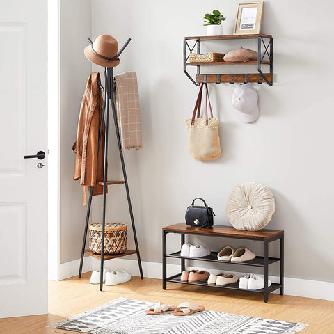 Rootz Coat Rack - Tree Shape - Industrial - 2 Shelves - 5 Hooks - Standing Coat Rack - Brown - Black