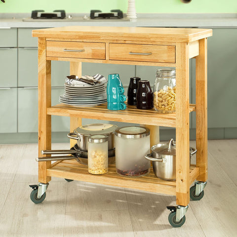 Rootz Rubber Wood Kitchen - Storage Trolley Cart with Two Drawers & Shelves