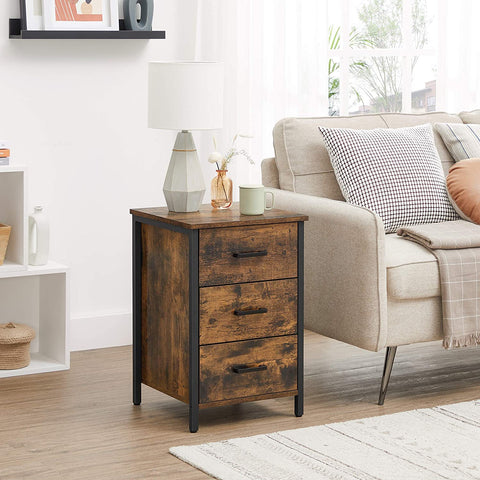 Rootz Bedside table - chest of drawers - side table - 3 drawers - industrial - brown - black - processed wood - metal - 40 x 40 x 60 cm