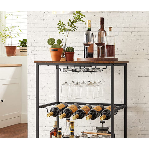 Rootz Kitchen trolley - Serving trolley - Bar trolley - On wheels - Bottle rack - Glass holders - Brown - Black - Processed Wood - Metal - 60 x 40 x 75 cm