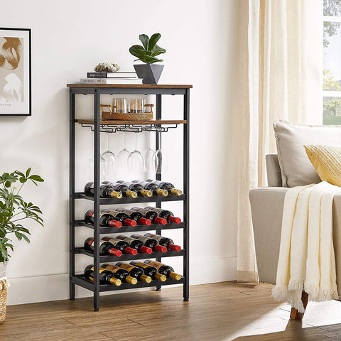 Rootz Wine Rack - Bottle Rack - 20 Bottles - Glass Holder - 50 x 32 x 100 cm - Industrial - Brown - Black