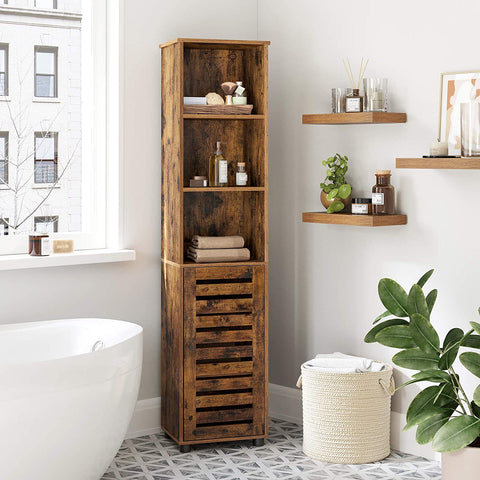 Rootz Storage Cabinet - Bathroom Cabinet - High Cabinet - 3 Open Compartments - Hinged Door - Adjustable Shelves - Industrial - Brown - Processed Wood - 40 x 30 x 167 cm