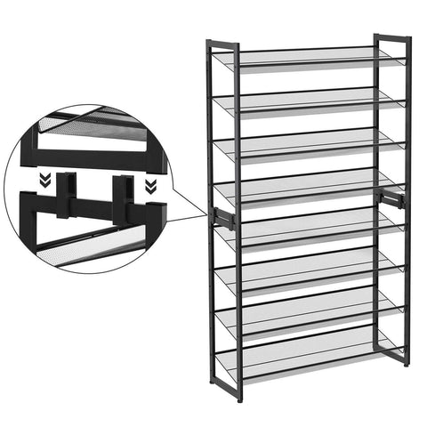 Rootz Shoe rack with 8 levels - Set of 2 stackable 4-tier shoe organizers - Metal shoe storage with adjustable mesh shelves - Black