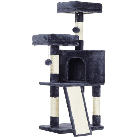Rootz Scratching Post - Cat Tree - Cat Cave - 4 Levels - Smoke Gray - Beige - Plush - Sisal - 50 x 35 x 115 cm