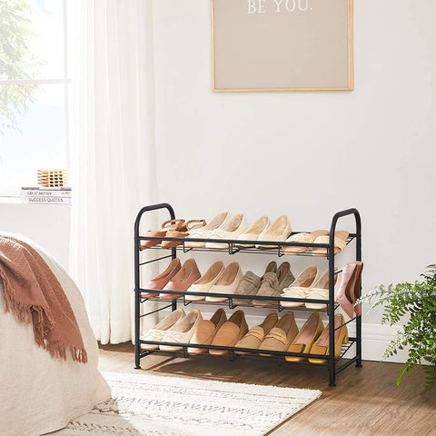 Rootz Shoe Rack - Shoes Organizer - 3 Levels - Max 12 Pairs of Shoes - Steel - Black - 68.5 x 27.5 x 49.5 cm