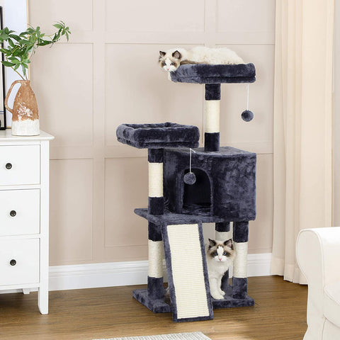 Rootz Scratching Post - Cat Tree - Cat Cave - 4 Levels - Smoke Gray - Beige - Plush - Sisal - 50 x 35 x 115 cm
