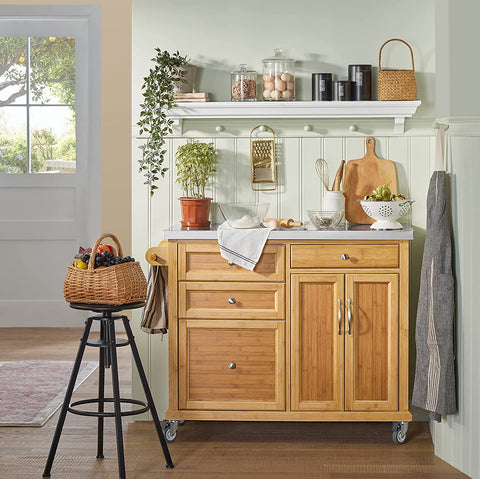 Rootz Kitchen Storage Trolley - Kitchen Island - Kitchen Cabinet - Cupboard - Sideboard with Stainless Steel Top