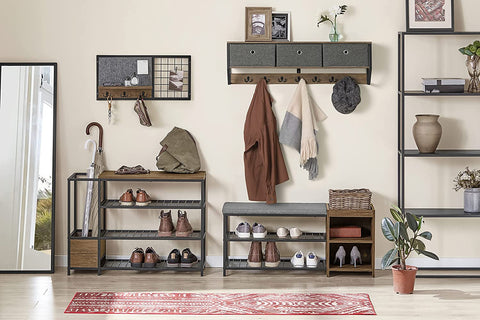 Rootz Wall Coat Rack Wall - Hallway Wall Shelf - Storage Cabinet with 3 Baskets 7 Hooks - W100 x D20 x H30cm