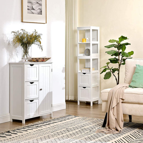 Rootz Storage Cabinet - Bathroom Cabinet - 2 Drawers - 3 Open Compartments - 30 x 30 x 141.5 cm - White
