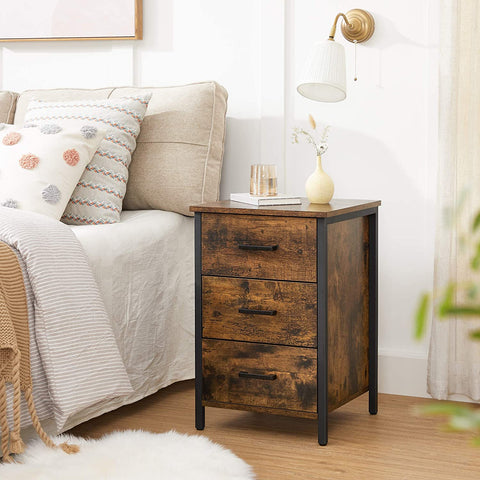 Rootz Bedside table - chest of drawers - side table - 3 drawers - industrial - brown - black - processed wood - metal - 40 x 40 x 60 cm