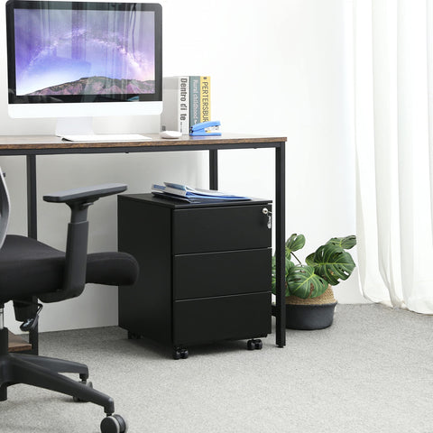 Rootz Rollcontainer - Steel Rolling Bin - Mobile Filing Cabinet - Lockable with 3 Drawers - File Storage - Office Supplies, Office, Home Office - Black