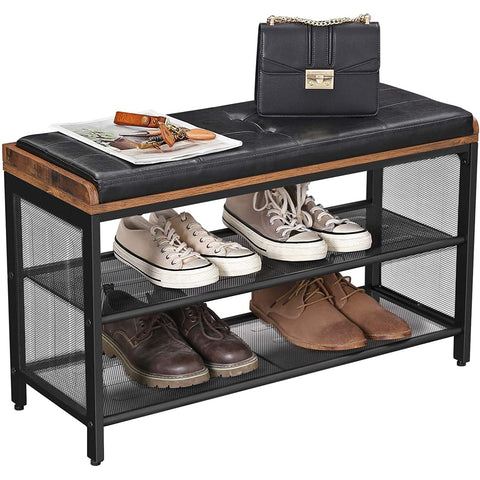 Rootz Shoe Rack - Padded Bench with Grid Shelf - Metal Construction