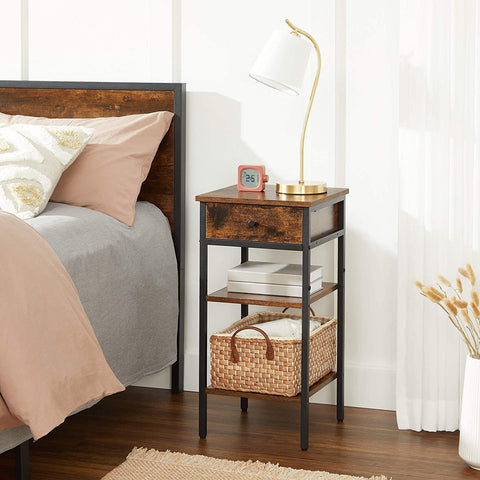 Rootz Bedside table - Side table - Drawer - 2 Shelves - 35 x 35 x 70 cm - Processed Wood - Metal - Industrial - Brown - Black