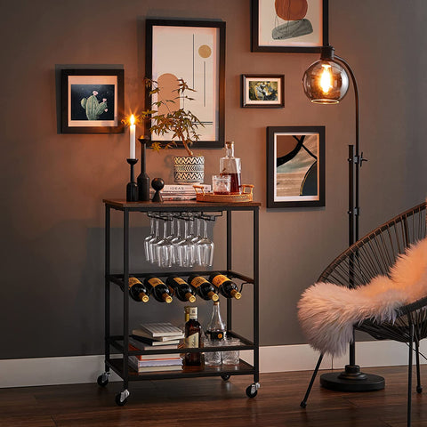 Rootz Kitchen trolley - Serving trolley - Bar trolley - On wheels - Bottle rack - Glass holders - Brown - Black - Processed Wood - Metal - 60 x 40 x 75 cm