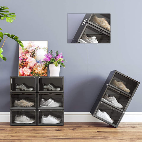 Rootz Shoe Box - Set of 6 - Stackable Shoe Organizer - Shoes up to size 46 - Black/Transparent - 36 x 28 x 22 cm