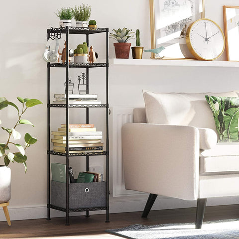 Rootz Bathroom rack - Storage rack - Shelving unit - 4/5 Levels - Steel - Black - Hooks - 30 x 30 x 123.5 cm