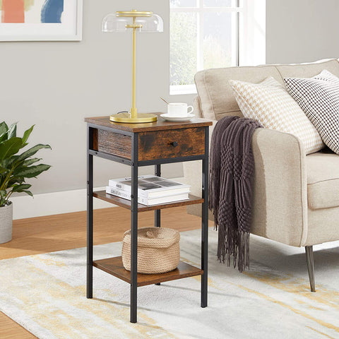 Rootz Bedside table - Side table - Drawer - 2 Shelves - 35 x 35 x 70 cm - Processed Wood - Metal - Industrial - Brown - Black