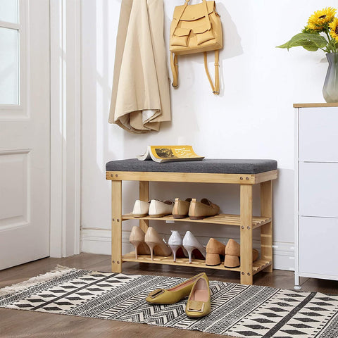 Rootz Shoe Bench - Shoe Rack - Bamboo - 2 Shelves - Seat - Gray - Natural - 71 x 29 x 49 cm