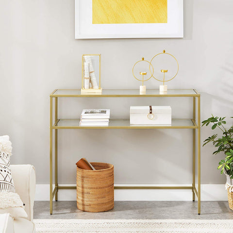 Rootz Console Table - Side Table - 2 Levels - Tempered Glass - Metal Frame - Adjustable Legs - Gold - 100 x 35 x 80 cm