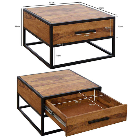 Rootz Industrial Coffee Table - Side Table - Solid Wood - Brown - Luxury Retro Vintage Glass Coffee Table With Storage Space - 65 x 38 x 65 cm