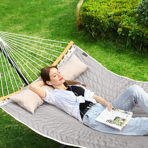 Rootz Hammock - Padded - 2 Persons - Cushions - Bamboo - Oxford Fabric - Brown-Grey - 200 x 140 cm