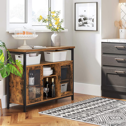 Rootz Sideboard - Storage Cabinet - Sideboard - Kitchen Cabinet - 2 Doors - 2 Open Compartments - Industrial - Brown - Black - Processed Wood - Metal - 100 x 35 x 80 cm