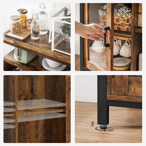 Rootz Sideboard - Storage Cabinet - Sideboard - Kitchen Cabinet - 2 Doors - 2 Open Compartments - Industrial - Brown - Black - Processed Wood - Metal - 100 x 35 x 80 cm