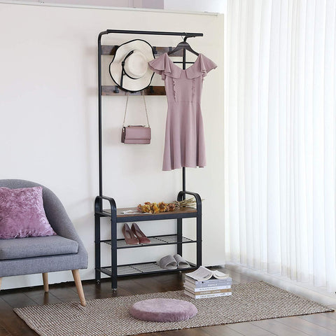 Rootz Standing Wardrobe Rack with Coat Rack - Shoe Rack and Bench - Vintage Industrial - Coat Racks - Brown / Black - 72 x 33.7 x 183 cm