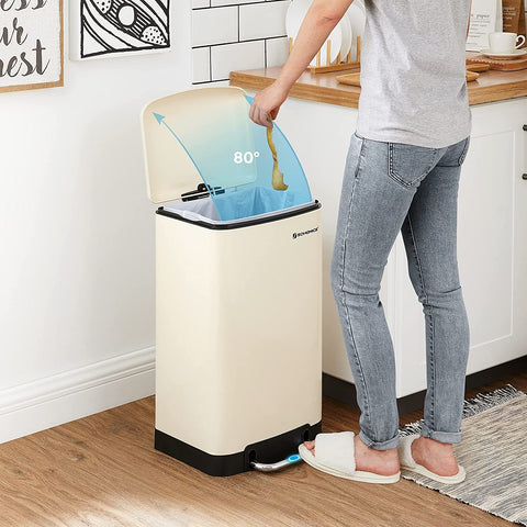 Rootz Trash Can - Pedal Bin - 30L - Steel - Inner Bucket - Soft Close - Airtight - Cream White - 34 x 25 x 61.5 cm