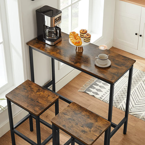 Rootz Bar Table Set - Dining Set - High Table - 2 Stools - Brown - Black - Processed Wood - Metal