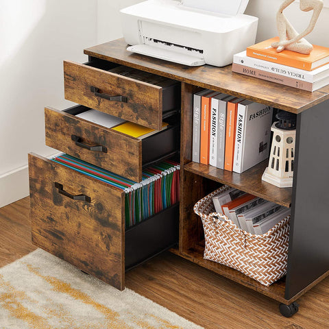 Rootz File Cabinet - Roll Container - Drawer Cabinet - On Wheels - Storage Compartments - Industrial - Brown - Black - Processed Wood - Metal - 80 x 40 x 66 cm
