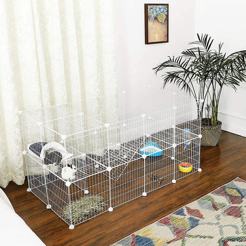 Rootz Animal Cage - Rabbit Hutch - Guinea Pig - 2 Floors - Metal Mesh - White - 143 x 73 x 71 cm