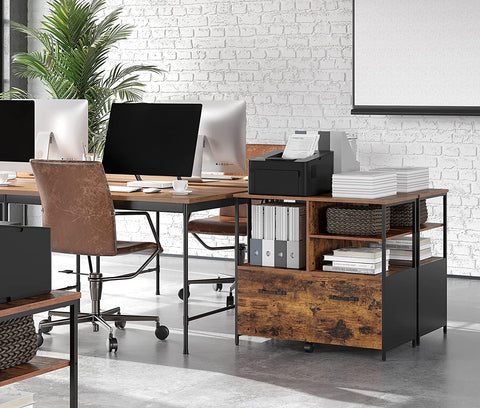 Rootz File Cabinet - Office Cabinet - 1 Drawer - Open Compartments - Sideboard - Processed Wood - Metal - Industrial - Brown - Black - 82 x 40 x 75 cm