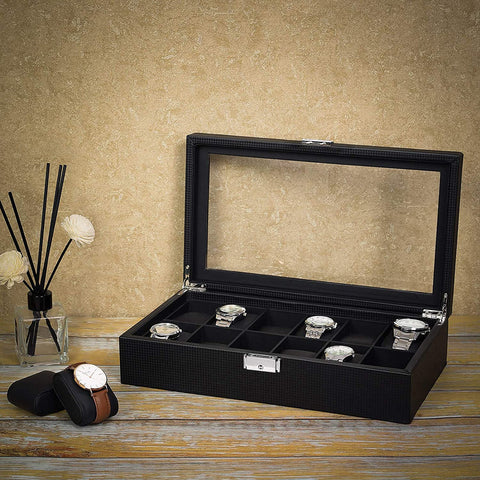 Rootz Watch Box - Watch Storage - 12 Compartments - Velvet - PU - Metal Buckle - Black - 36.2 X 9 X 21.3 cm
