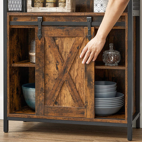 Rootz Sideboard - Storage Cabinet - Kitchen Cabinet - Sliding Door - Open Compartment - Adjustable Shelf - Industrial - Brown - Black - 70 x 30 x 80 cm