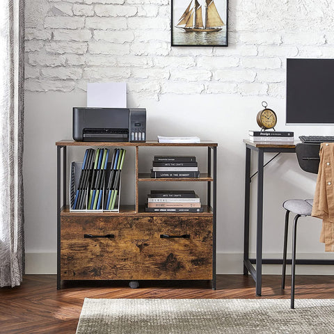 Rootz File Cabinet - Office Cabinet - 1 Drawer - Open Compartments - Sideboard - Processed Wood - Metal - Industrial - Brown - Black - 82 x 40 x 75 cm